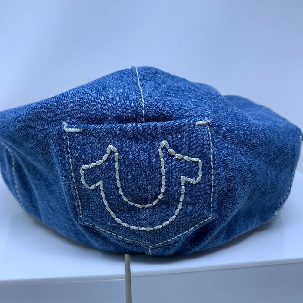 True Religion Mens OS Blue Denim Horseshoe Logo Newsboy Flat Cap Hat